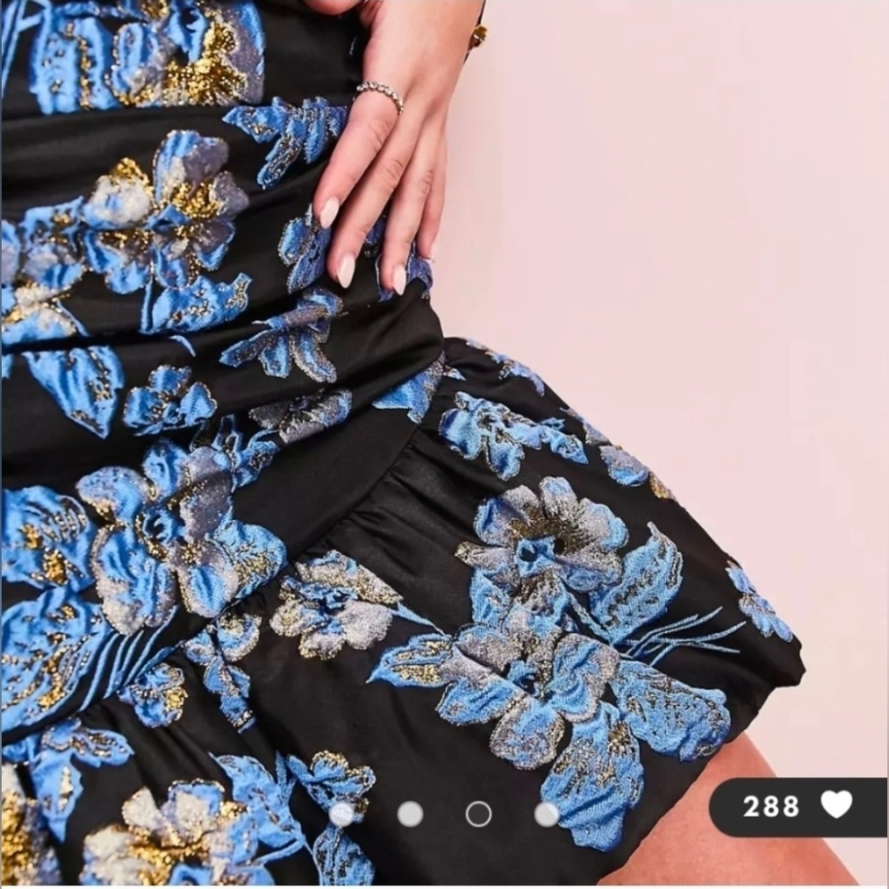 ASOS LUXE, Puff Hem Ruched Mini Skirt, Floral Jacquard, Black/Blue/Gold, Size 4 - Picture 9 of 11